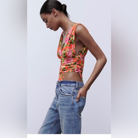 Zara orange floral multi PRINTED DRAPED plunge front BODYSUIT size medium new‎ - Picture 1 of 9